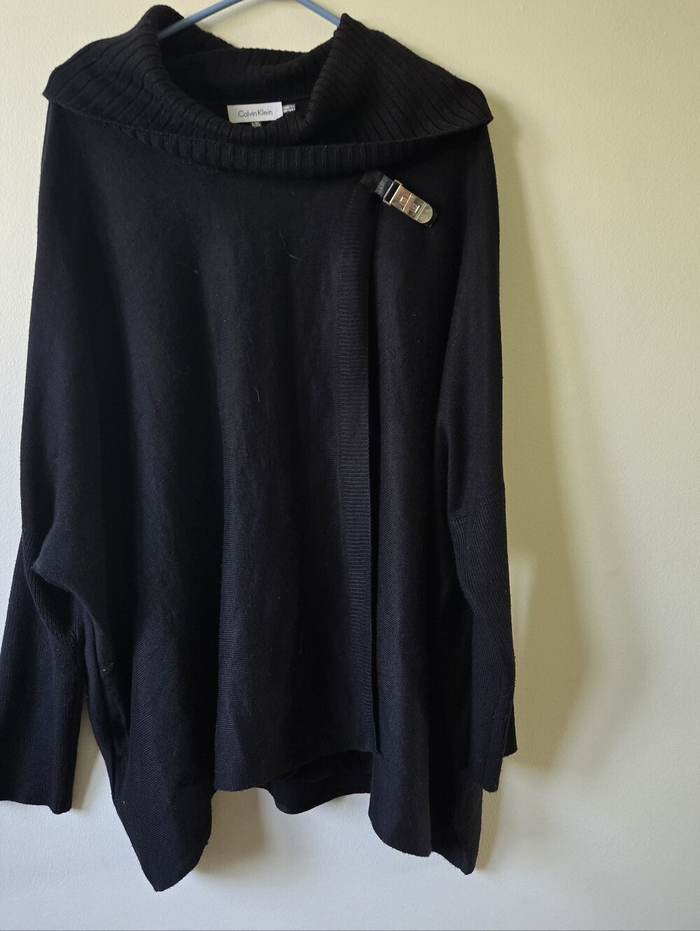 Calvin Klein Black Cowl Neck Sweater Poncho with Gold Buckle Accent (Size L/XL)